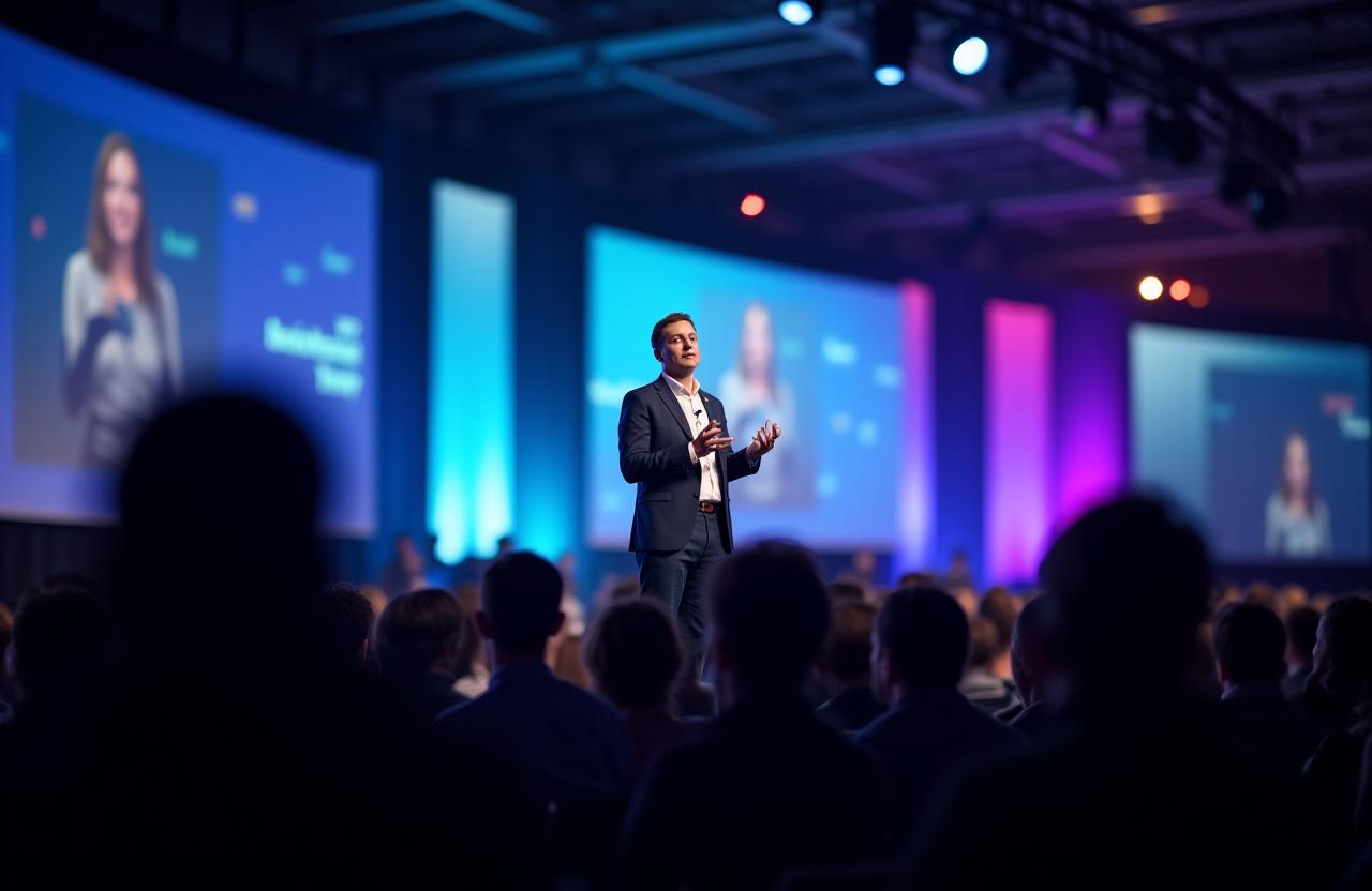 Keynote speaker on stage at a large conference